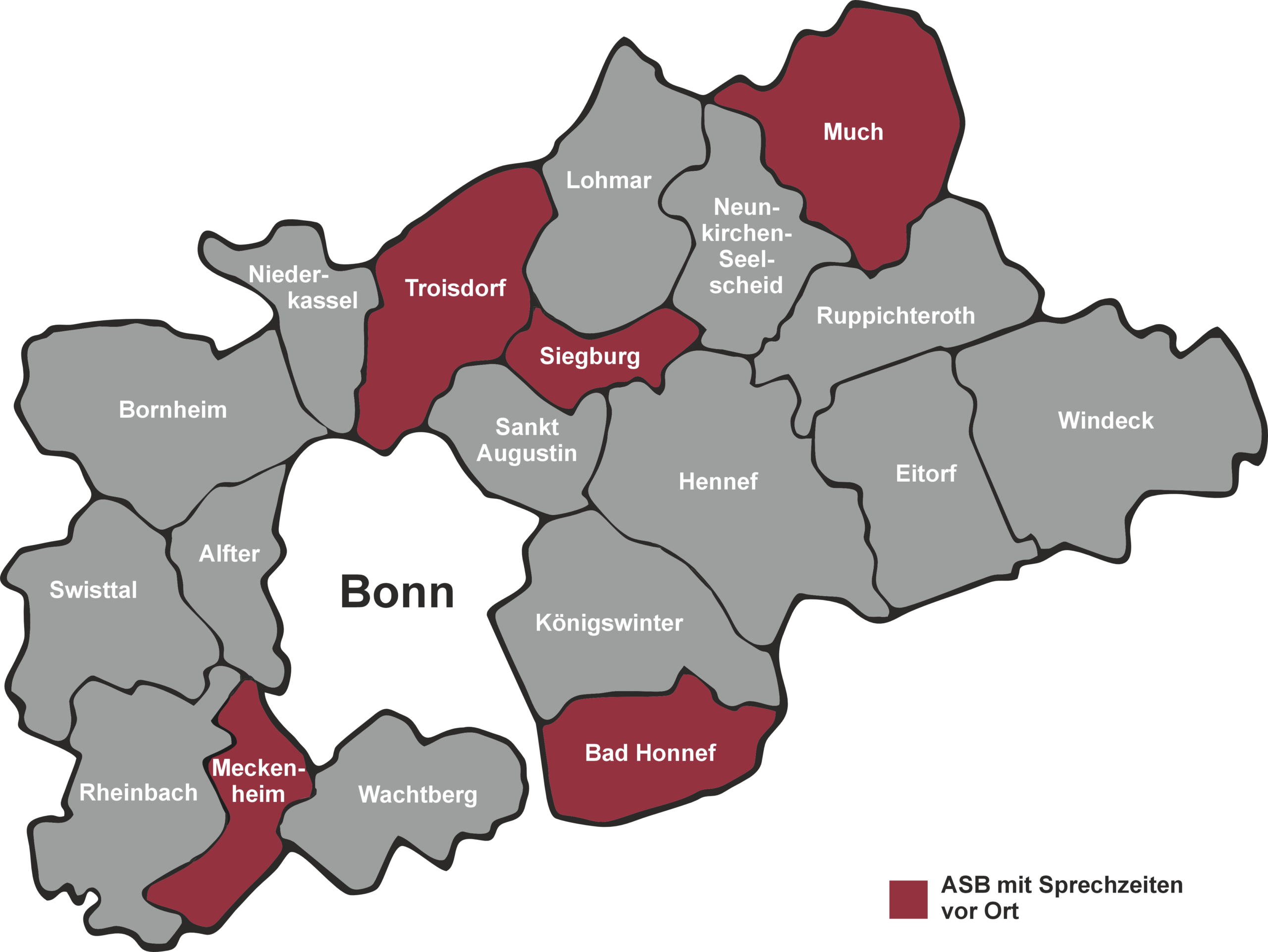 Karte Rhein-Sieg-Kreis Übersicht Sprechzeiten ASB in Troisdorf, Siegburg, Much, Bad Honnef, Meckenheim
