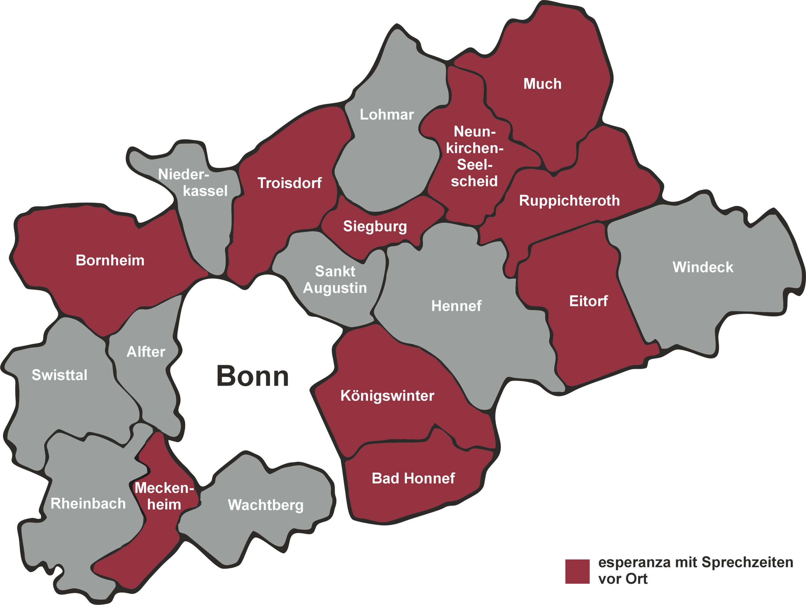 Karte Rhein-Sieg--Kreis - Übersicht der Orte an denen esperanza Sprechzeiten anbietet.